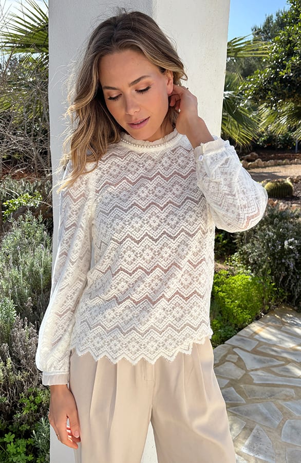 Mesh Detailed Lace Blouse Ecru – tops, foto 2