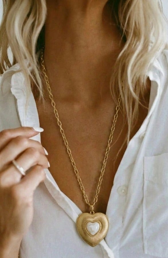 Necklace Heart Marble Long Gold