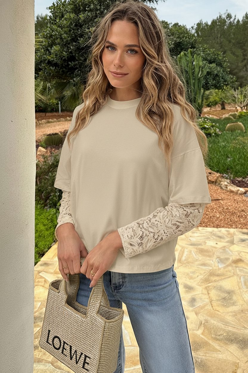 Oversized Lace Sleeve T-shirt Beige – tops, foto 5