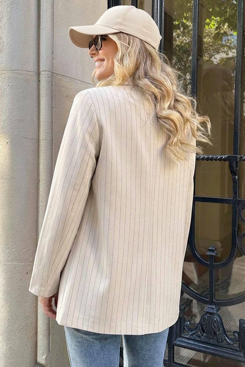 Oversized Striped Print Blazer Beige – jassen, foto 3