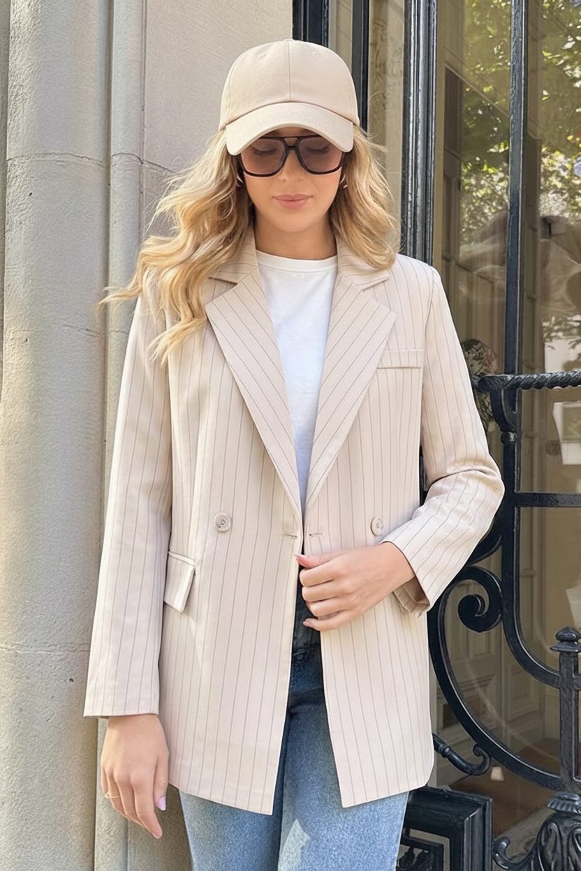 Oversized Striped Print Blazer Beige – jassen, foto 5