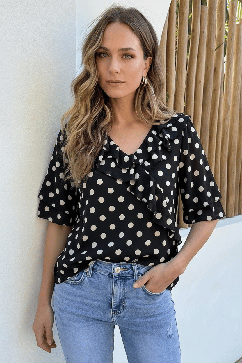 Ruffle Blouse Polkadots Zwart – blouses, foto 6