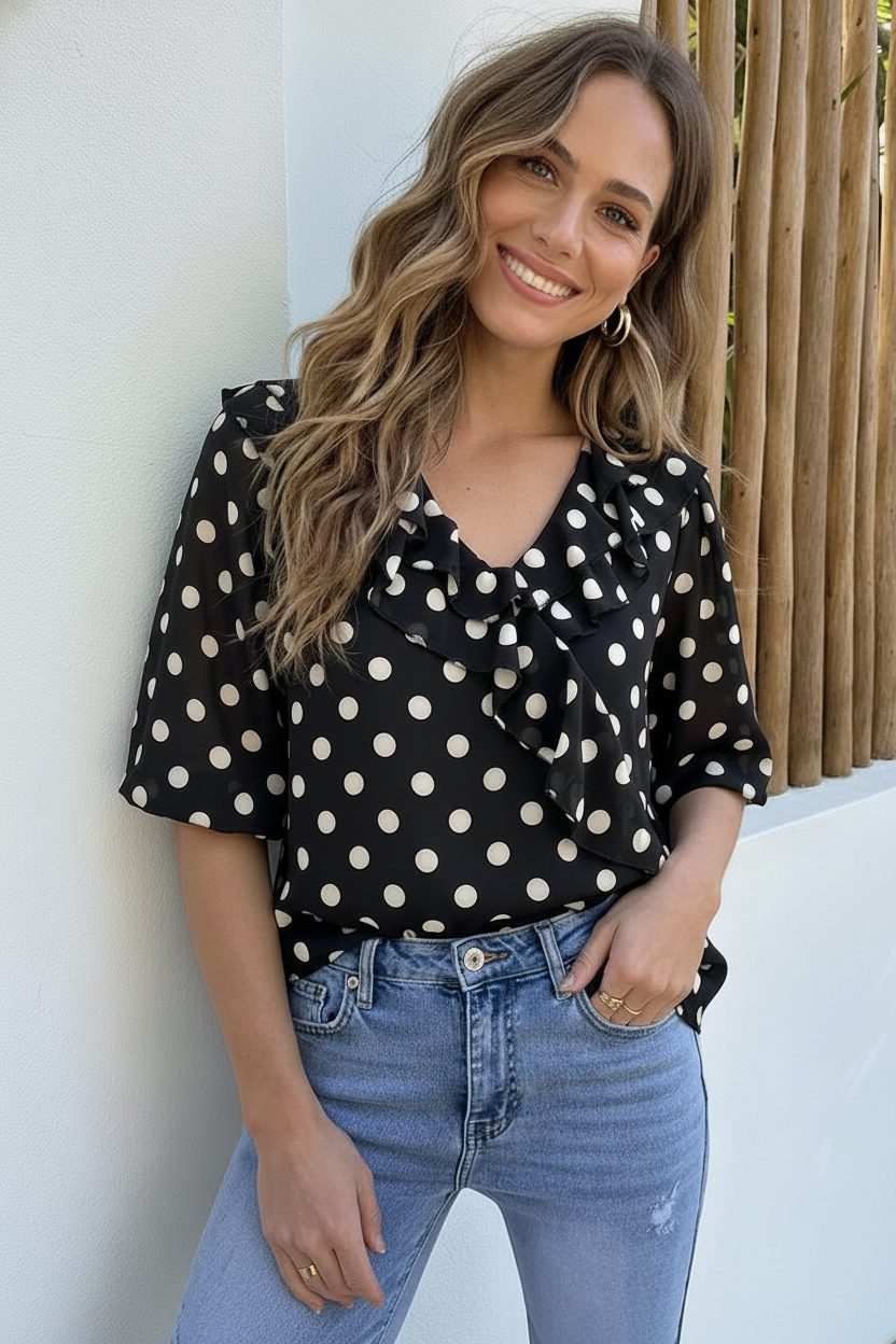 Ruffle Blouse Polkadots Zwart – blouses, foto 1