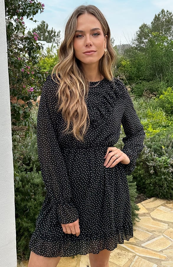 Ruffle Polkadot Print Jurk Zwart