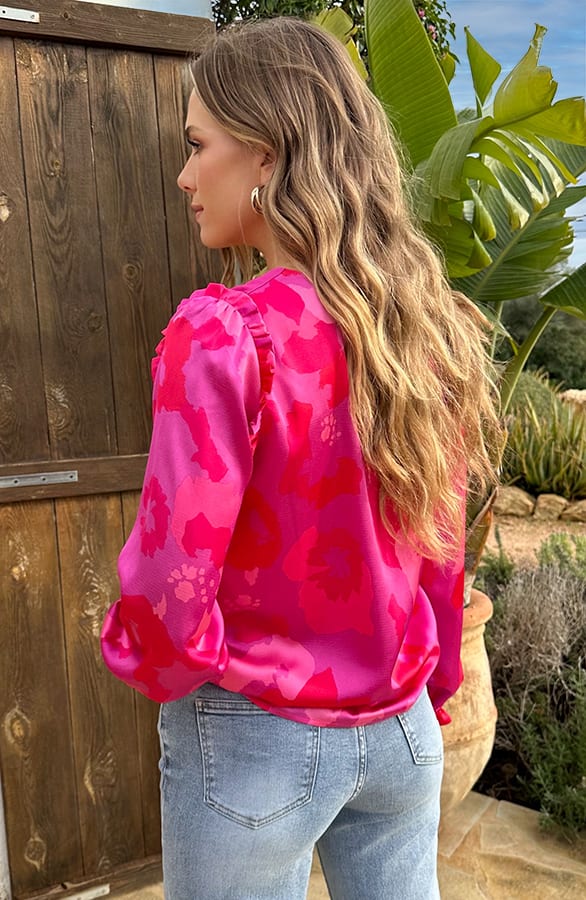 Ruffle Silk Blouse Print Roze – blouses, foto 3