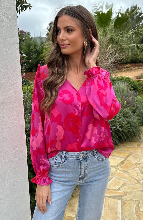Ruffle Silk Blouse Print Roze – blouses, foto 11