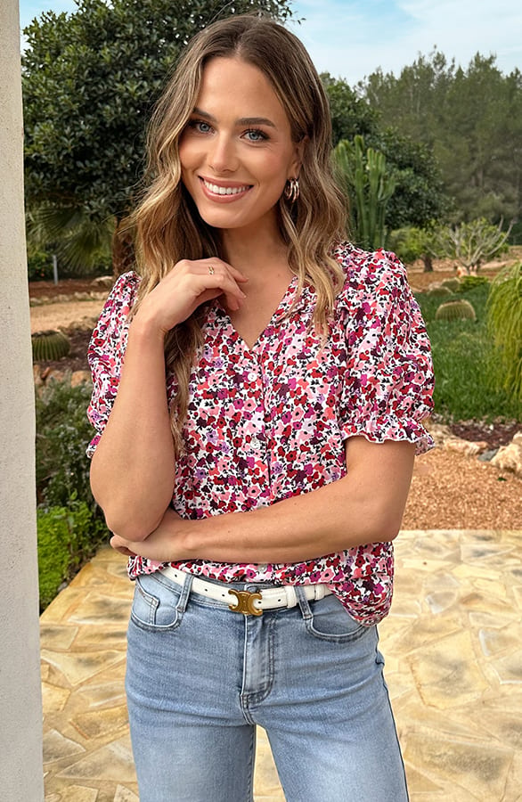 Ruffle Top Met Pofmouwen Print Roze – tops, foto 5