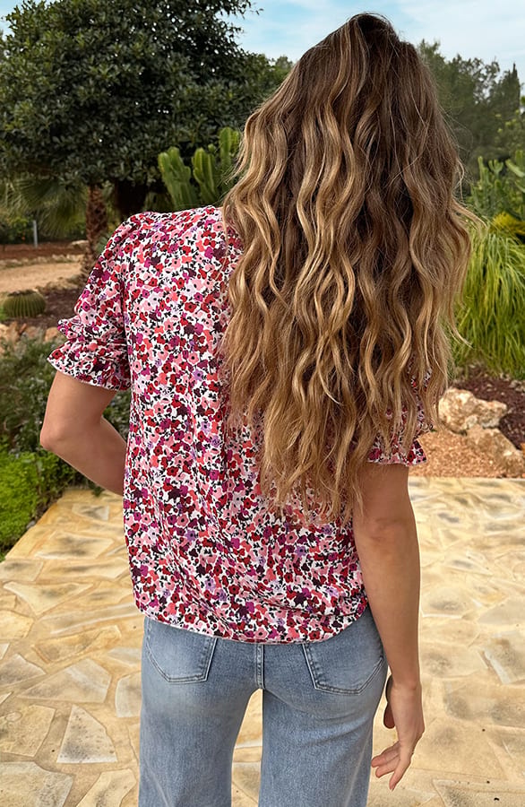 Ruffle Top Met Pofmouwen Print Roze – tops, foto 3