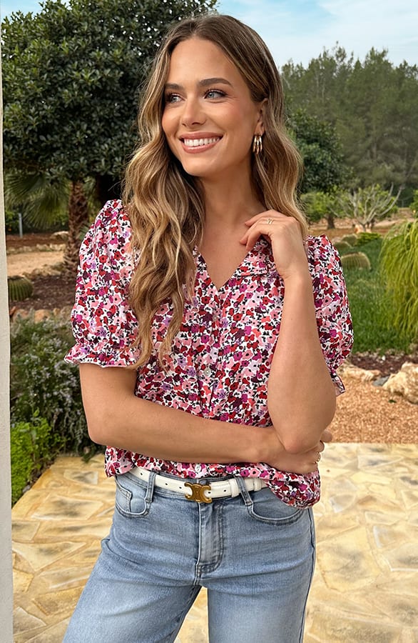 Ruffle Top Met Pofmouwen Print Roze – tops, foto 2