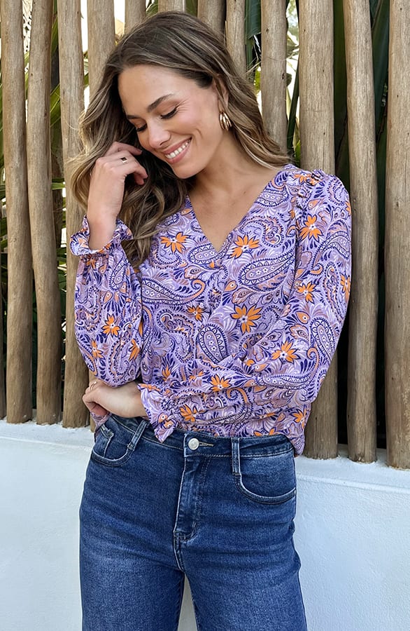 V-hals Knopen Blouse Paisley Lila – blouses, foto 6