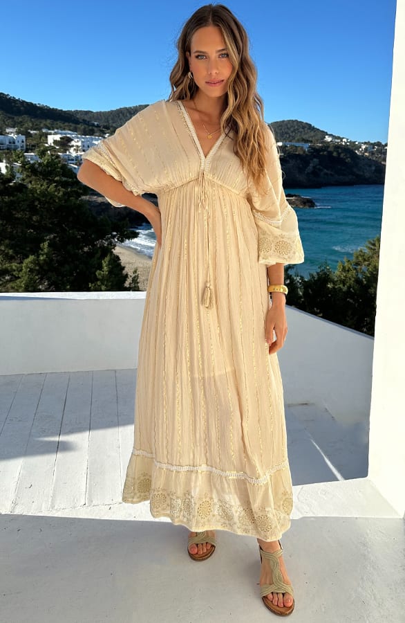 Boho Golden Maxi Jurk Beige