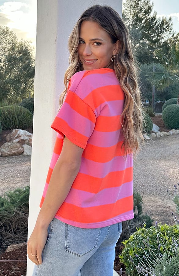 Casual Gestreept Shirt Dames Katoen Orange Roze – tops, foto 3