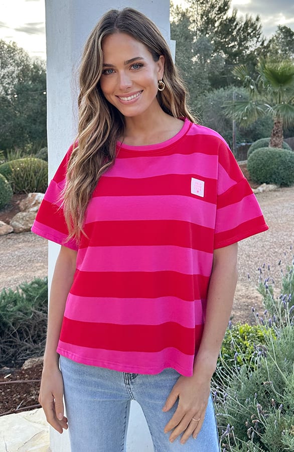 Casual Gestreept Shirt Dames Katoen Rood Roze – tops, foto 5