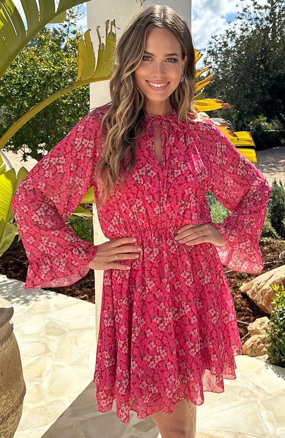 Chiffon Bloemenprint Jurk Roze – jurken, foto 7