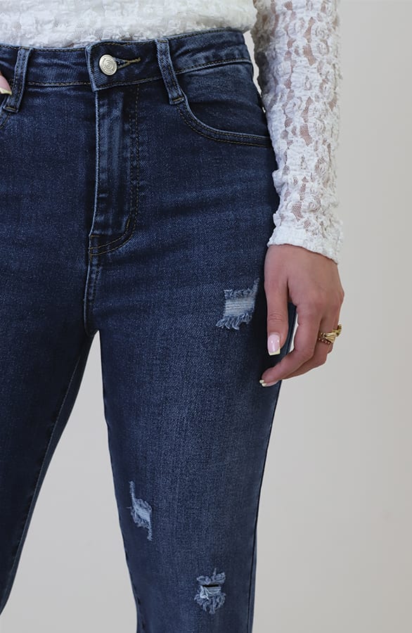 Damaged Wide Leg Jeans Dark Blue Stretch FMH – spijkerbroeken, foto 4