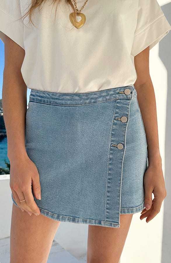 Denim Skort Met Knopen Stretch Blue