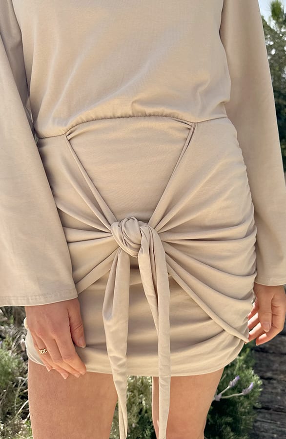 Draped Wrap Jurk Wijde Mouw Katoen Beige – jurken, foto 5
