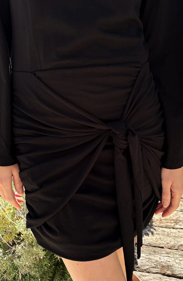 Draped Wrap Jurk Wijde Mouw Katoen Zwart – jurken, foto 5