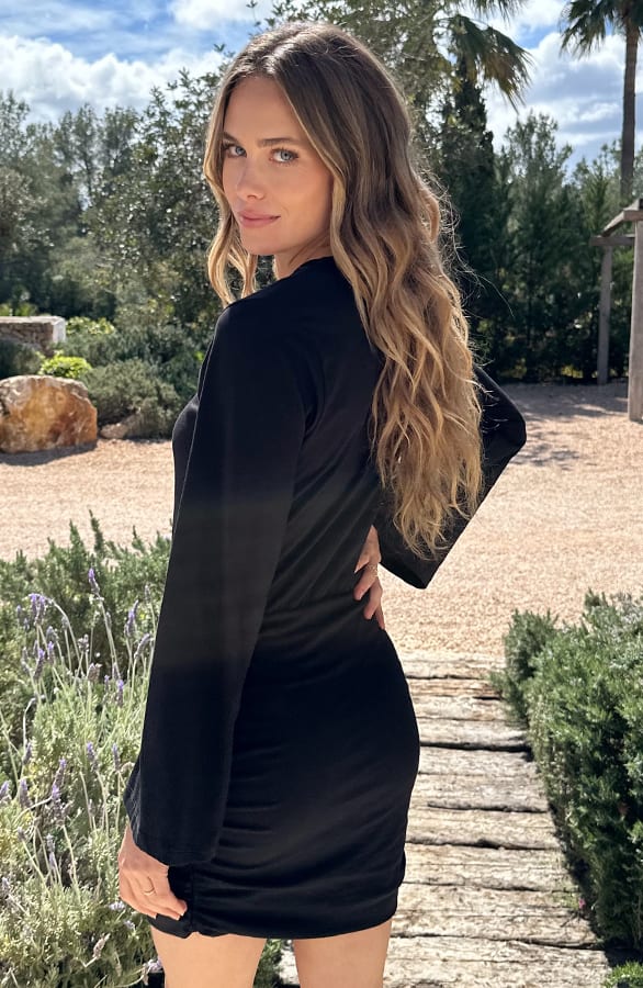 Draped Wrap Jurk Wijde Mouw Katoen Zwart – jurken, foto 4