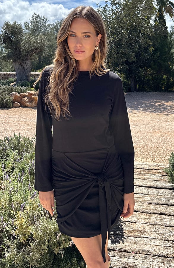 Draped Wrap Jurk Wijde Mouw Katoen Zwart – jurken, foto 7