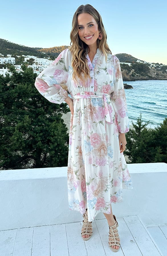 Elegante Jurk Bloemenprint Beige – jurken, foto 8