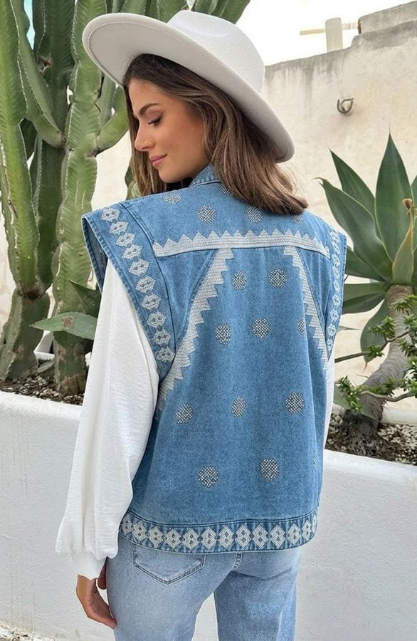 Embroidery Denim Gilet Schouderdetail