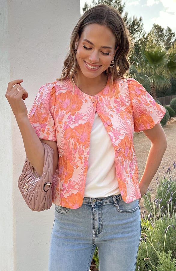 Floral Jacquard Puff Sleeve Soft Jacket
