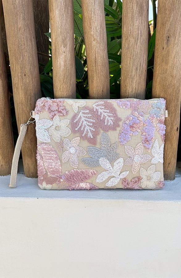 Geborduurde Clutch met Bloemen Roze Beige – nieuw, foto 1