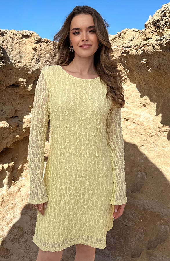 Lace Flared Mouwen Jurk Butter Yellow – jurken, foto 3