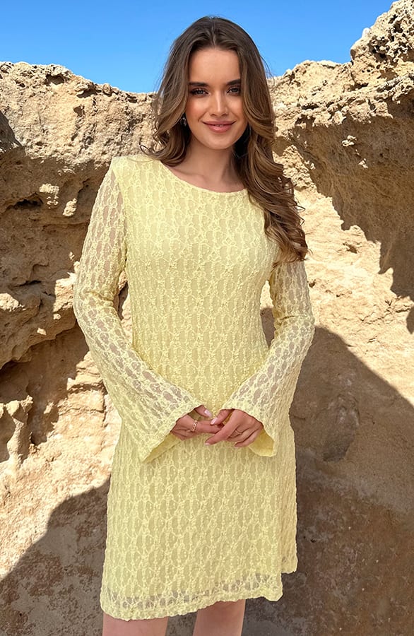 Lace Flared Mouwen Jurk Butter Yellow – jurken, foto 7