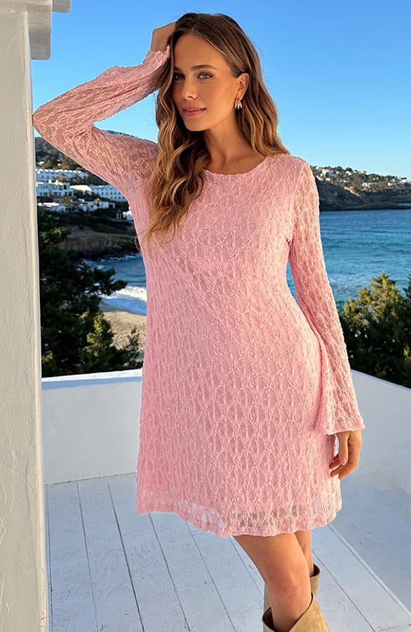 Lace Flared Mouwen Jurk Pastel Roze – jurken, foto 3