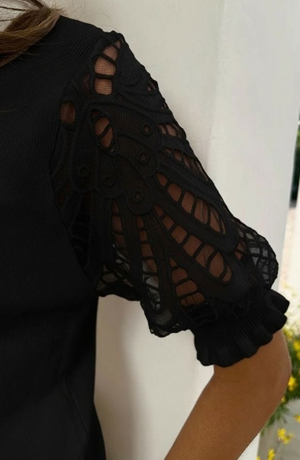 Lace Sleeve Soft Top Zwart – tops, foto 3
