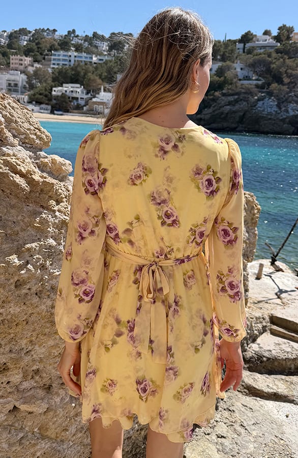 Long Sleeve V-neck Dress Flower Yellow – jurken, foto 4