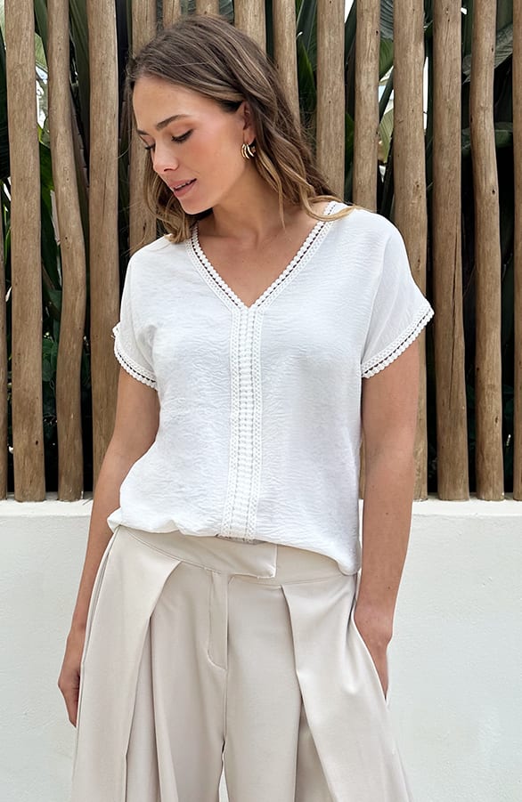 Lulu Lace V-Hals Top Ecru – tops, foto 2