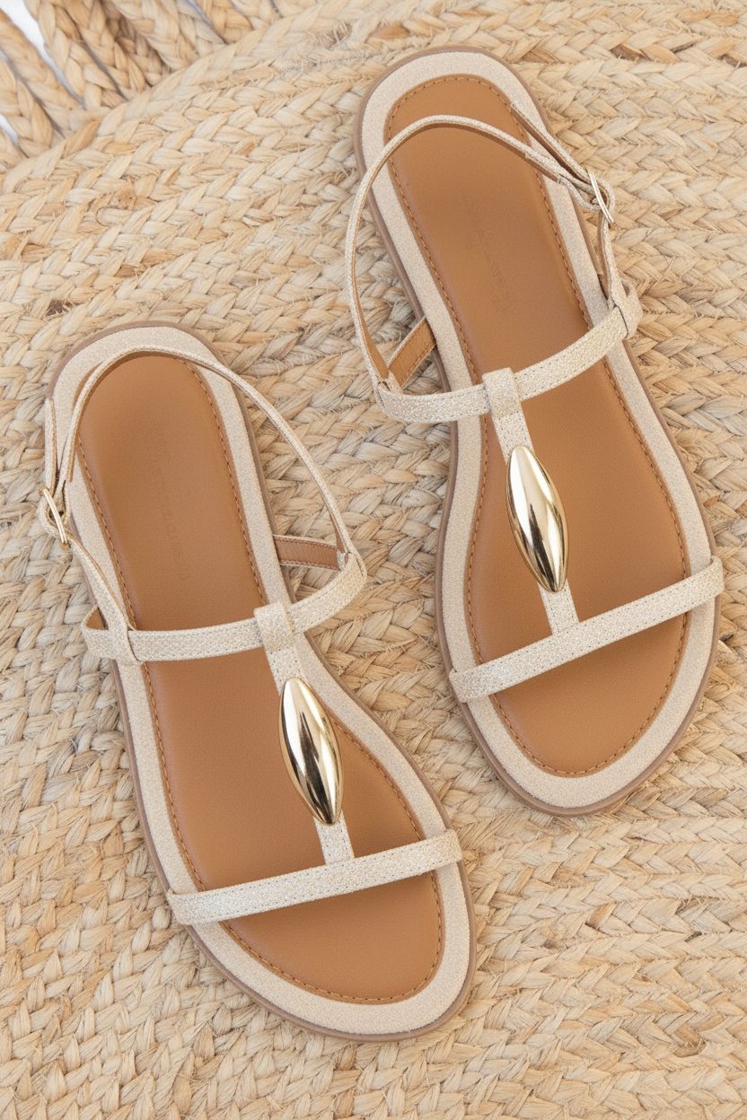 Luxury Flat T-Strap Sandals Beige