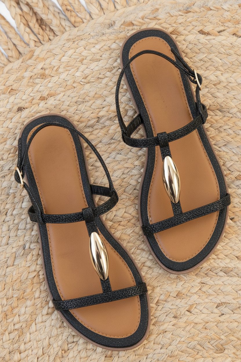 Luxury Flat T-Strap Sandals Zwart – alle schoenen, foto 1