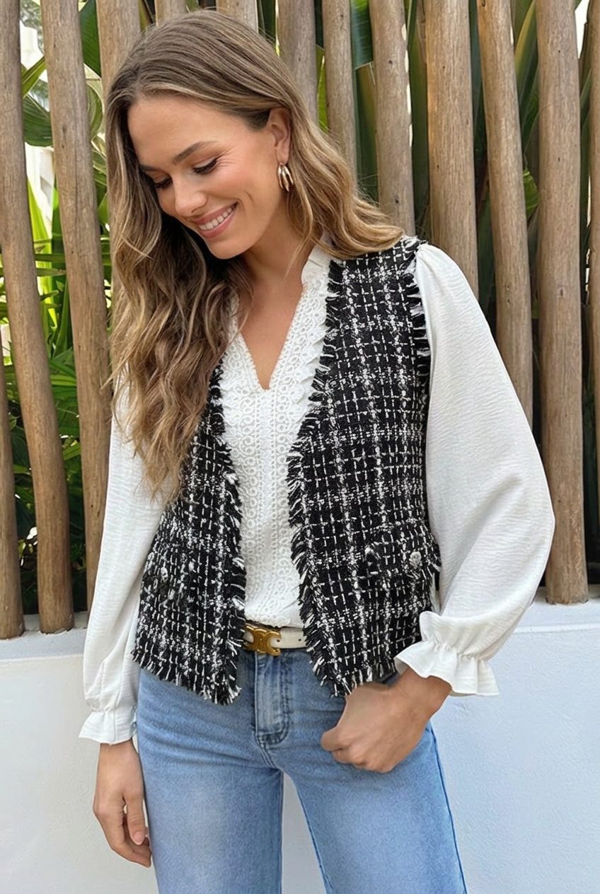 Luxury Lurex Tweed Gilet Black – gilets, foto 5