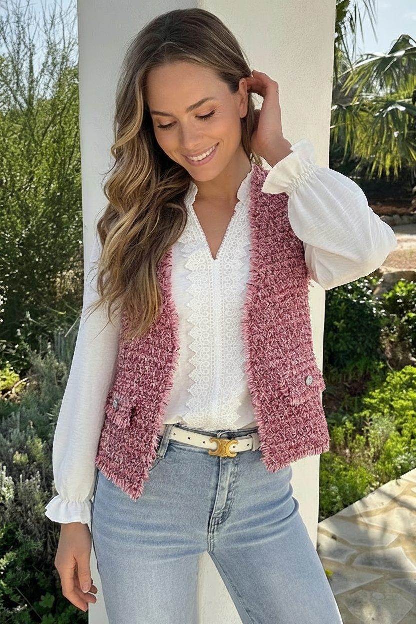 Luxury Lurex Tweed Gilet Pink