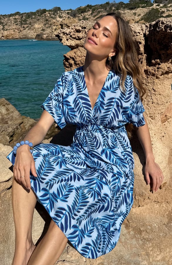 Maxi Dress Colorful Leaf Print Blauw – jurken, foto 8