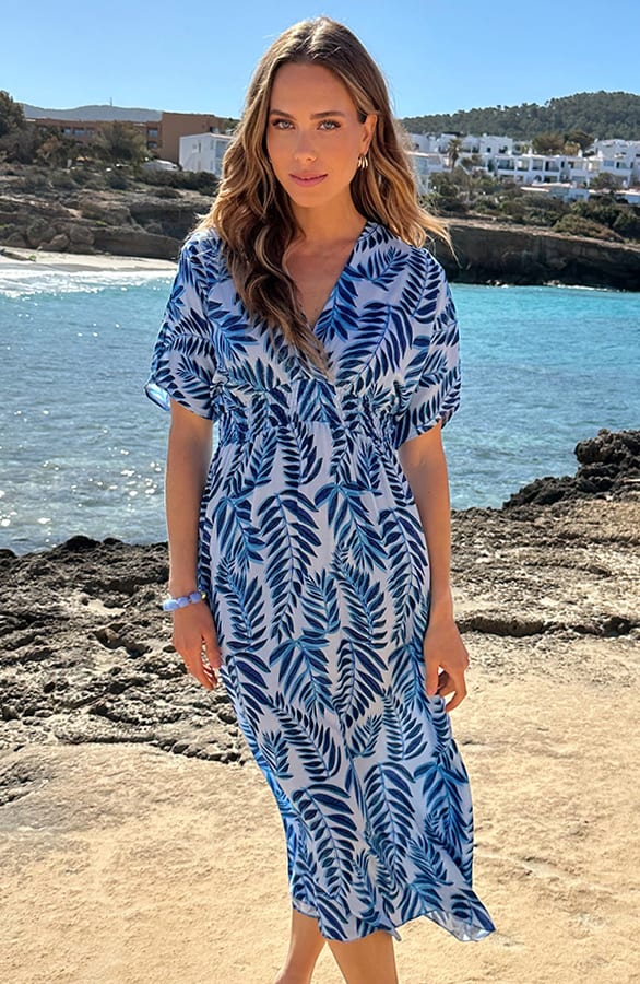 Maxi Dress Colorful Leaf Print Blauw – jurken, foto 1