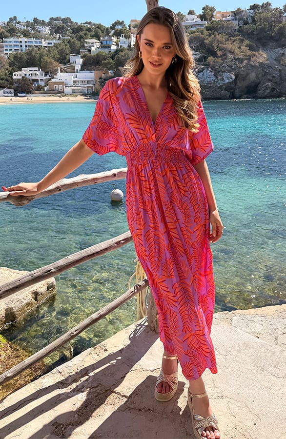 Maxi Dress Colorful Leaf Print Oranje