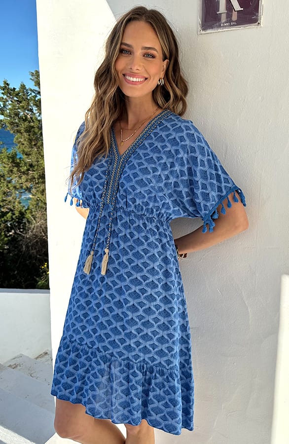 Oversized Jurk Gouden Detail Print Kobalt