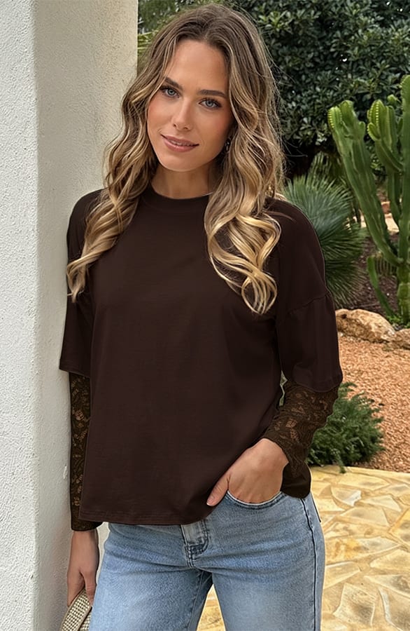 Oversized Lace Sleeve T-shirt Choco