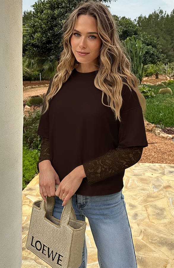 Oversized Lace Sleeve T-shirt Choco – tops, foto 2