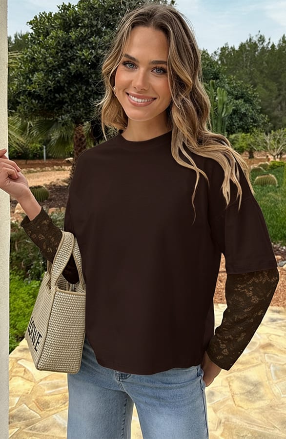 Oversized Lace Sleeve T-shirt Choco – tops, foto 4