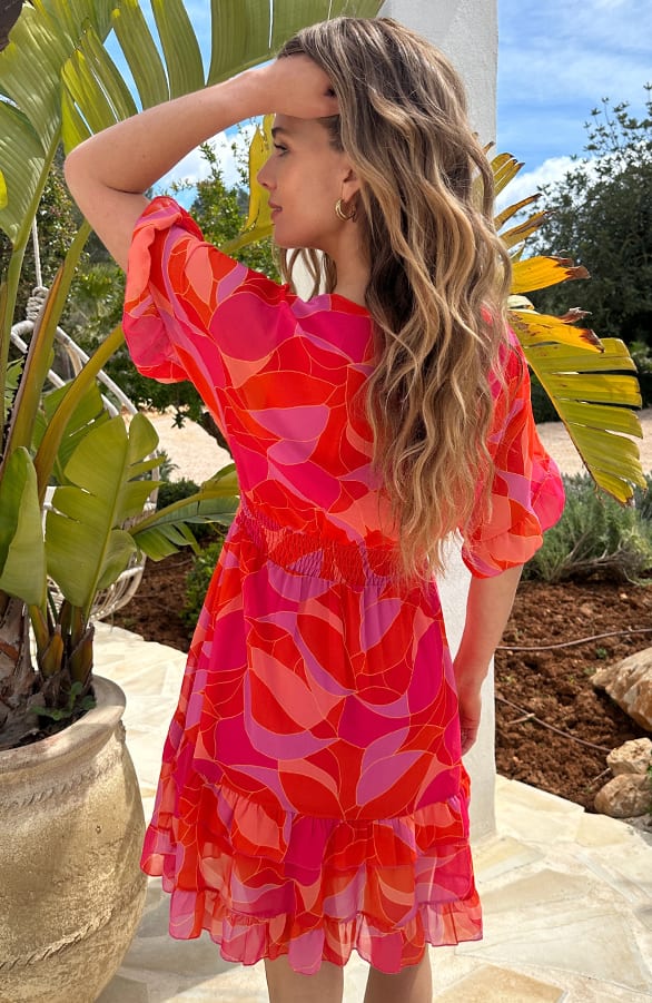 Ruffle Laagjes Jurk Print Oranje Roze – jurken, foto 4