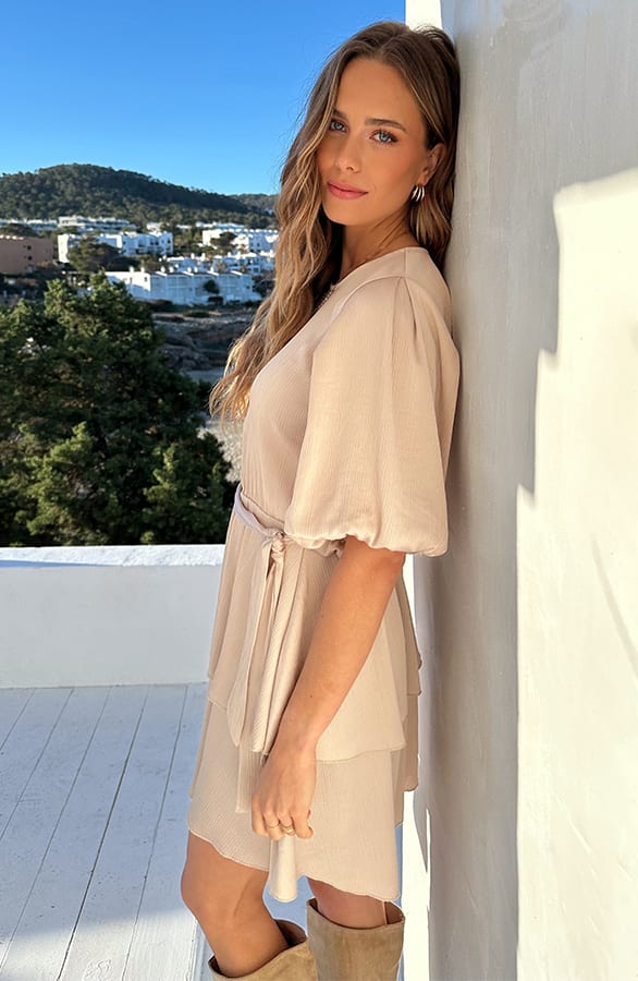 Satin Pofmouwen Jurk Beige – jurken, foto 4