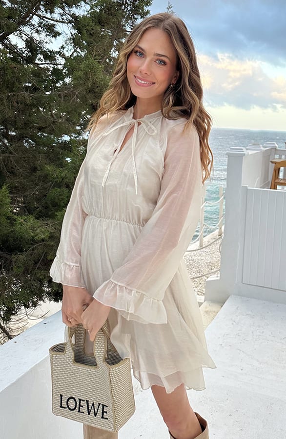 Silk Jurk Lange Mouw Beige