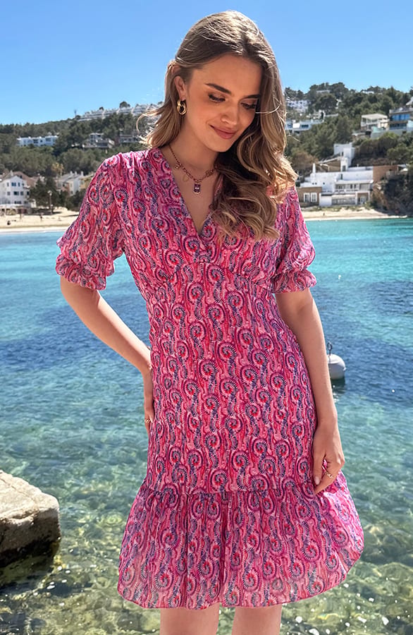 Smocked V-hals Jurk Print Roze