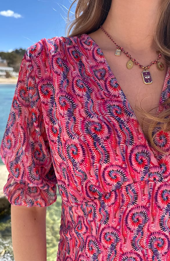 Smocked V-hals Jurk Print Roze – jurken, foto 5